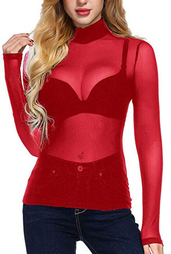 Women's Sexy See Through Shirts Mesh Sheer Glitter Sequin Tops Long Sleeve Turtleneck Neck Sheer Blouse (A-Red, Large)
