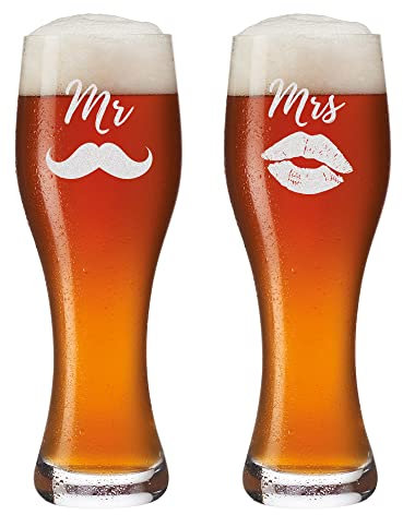 Weizenbierglas Leonardo 2er Set 500 ml mit Gravur - Wunschmotiv - Weißbierglas für Weizen, Hefeweizen, Bier - Geschenk für Paare - Jahrestag - Motiv Schnurrbart und Kuss