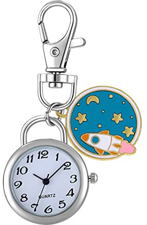 JewelryWe Taschenuhr Uhr mit Karabiner Schlüsselanhänger: Herren Damen Karabineruhr Sternenhimmel Rakete Weltraumrakete Silber Analog Quarz Taschenuhr mit Weiß Rundem Digital Zifferblatt
