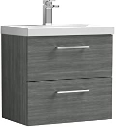 nuie ARN524D Arno Modern Bathroom Wall Hung 2 Drawer Vanity Unit with Thin-Edge Ceramic Basin, Anthracite