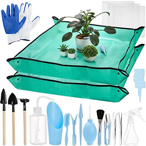 TOPZEA 23 Pack Succulent Tool Set, 2 Pack 39.4 Plant Repotting Mat Indoor Transplanting Tool Supplies Miniature Bonsai Hand Tool Kit with Plant Potting Mat, Garden Mini Gardening Tools for Plant Care