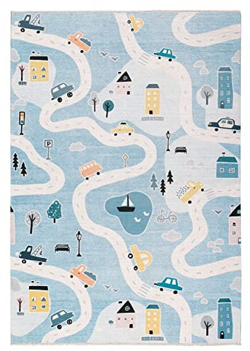 Blauer Spielteppich mit Straßen und Autos – 120 x 160 cm - Waschbar & rutschfest – Kinderteppich für Spielspaß im Zimmer - Schlafzimmer Teppich