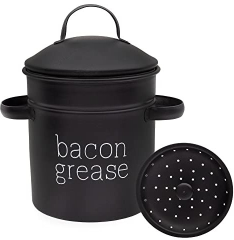 AuldHome Farmhouse Bacon Grease Container (Black), Enamelware Bacon Grease Can with Strainer, Vintage Style, Keto-Friendly
