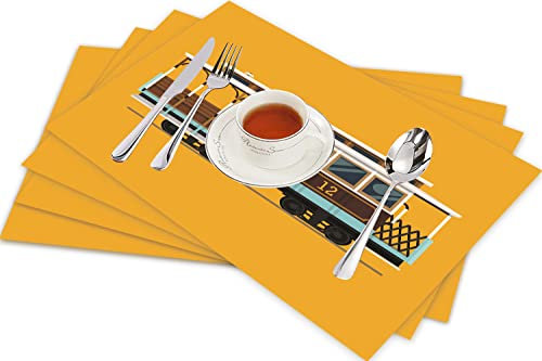 Tischsets für Esszimmer Küche Tisch 4er Set,Klassisches San-reizendes Retro- ausführliches Seilbahn-Francisco-Laufkatzen-Straßenbahn-Tr,Hitzebeständig Tischmatte Home Dekoration Abwaschbar Platzset