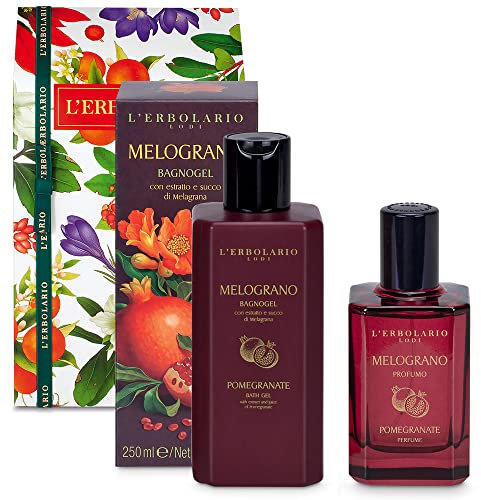 L' Erbolario - Confezione Regalo MELOGRANO DUO in scatola originale finemente decorata - Bagnogel da 250 ml + Profumo da 50 ml + in OMAGGIO 2 Tisane Funzionali Viropa