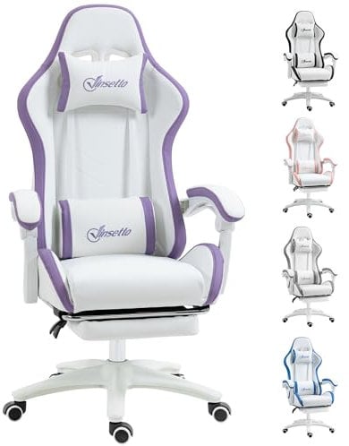 Vinsetto Computer Gaming Chair, PU Leather Office Desk Chair with Footrest, Swivel Wheels, 135° Reclining Back, Lumbar Support, Headrest for Home, White and Purple
