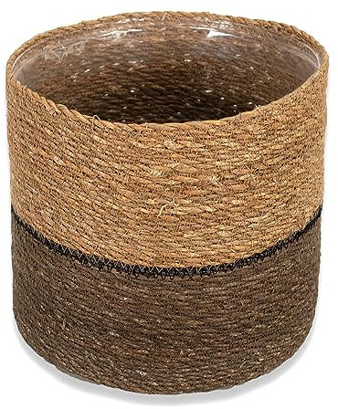 DARO DEKO Seegras Korb rund dreifarbig Ø 27 x 24 mit Einsatz Blumentopf geflochten Aufbewahrungskorb Über-Topf Blumenkorb