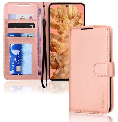 TECHGEAR Pixel 8 Leather Wallet Case, Flip Protect Case Cover with Wallet Card Holder, Stand and Wrist Strap - Rose Gold PU Leather with Magnetic Closure Designed For Google Pixel 8