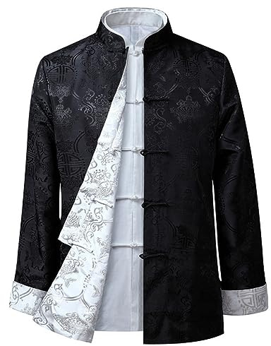GVILTY Bordado Kung Fu chaqueta ambos lados desgaste tops hombres artes marciales ropa de manga larga jersey,Tang traje abrigo tradicional chino ropa de algodón lino Tai Chi ropa