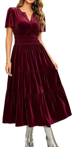 R.Vivimos Women's V Neck Short Sleeve Velvet Maxi Dress