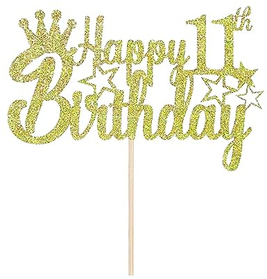 11th Birthday Cake Toppers, Happy 11th Birthday Cake Topper Glitter Star 11 Fabulous Cake Pick Birthday Sign Cake Decorations for Boys Girls 11 Years Old Birthday Party (Gold)