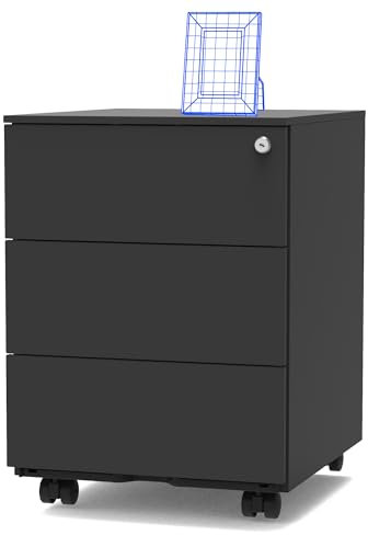 FLEXISPOT Rollcontainer, Metallschrank, Büroschrank, Aktenschrank unter Schreibtisch mit 3 Schublade für Büro, Wohnzimmer & Schlafzimmer, Kommode mit Schlüsselschloss, Komplett montiert, schwarz