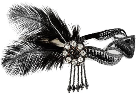 WLLHYF 1920er Jahre Flapper Stirnband, 20er Jahre Feder Haarband Vintage Feder Kristall Kopfschmuck Gatsby Party Zubehör für Frauen (Weißer Diamant schwarz/Weiße Federn)