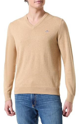 GANT Men's Classic Cotton V-Neck Pullover Sweater, Khaki Mel, S