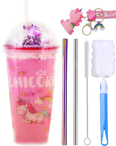 seelucky Unicorn Travel Tumbler with Straw Sequin Ice Drinking Cup Freezer Mug Plastic Cup for Picnic Party Birthday (cute unicorn puprle)