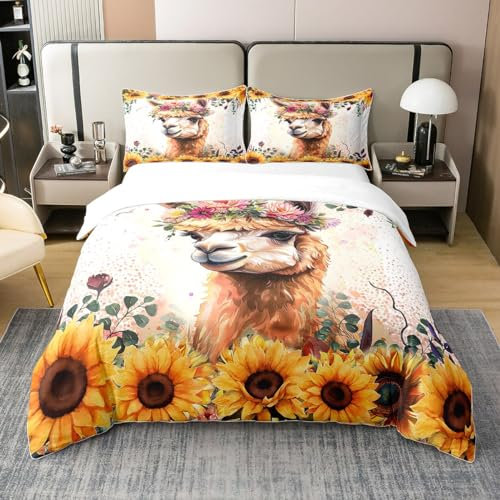 Nette Lama Alpaka 100% Natürliche Baumwolle Bettbezug für Kinder Jungen Mädchen,Rosa Blumen Sonnenblumen Tröster Abdeckung 135x200,Kawaii Lama Bettwäsche Set,Sommer Pflanze Bettbezug
