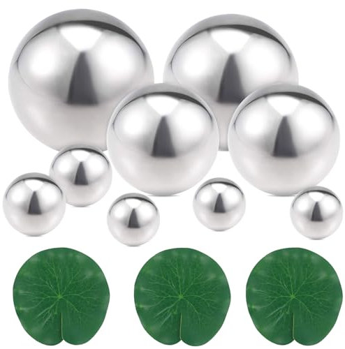 12Pcs Klein Garten Teiche Deko Set, Schwimmkugeln in Silber, Schwimmende Lotusblätter, Metallkugeln aus Rostfreiem Stahl,Mini Metallkugeln und Schwimmende Lotusblätter für Miniteich Garten Dekoration