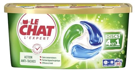LE CHAT -L'Expert -Disc 4en1 -Action Anti-Taches -Sans Conservateur -Parfum Hypoallergénique -Ingrédients Sélectionnés avec Soin -Efficace à Froid -Respect des Fibres - Efficacité Le Chat -38 Capsules