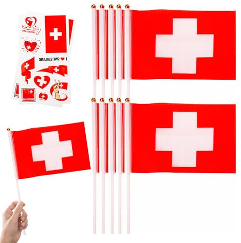 Lot de 10 petits drapeaux de la Suisse sur bâtons et 2 tatouages temporaires pour fête olympique Euro Football 2024, mini drapeaux suisses sur bâtons pour événements sportifs, décorations de fête