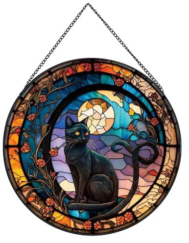Payutou Schwarze Katze, Buntglas-Fensterbehang, Sonnenfänger, Buntglas für Fenster für Katzenliebhaber, 20 cm, handbemalt, Sonnenfänger, Gartenbehang, Halloween, Herbst, Weihnachtsdekoration für