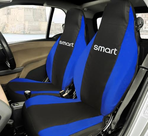 Rebeca Shop® Vordersitzbezüge kompatibel für Smart Fortwo 1., 2. und 3. Serie, W450, W451, W453, 2er-Set (Schwarz/Royal, mit Logo)