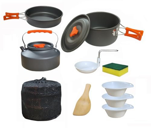 CROSS COUNTRY Camping Cookware Set – 11 Pcs Mess Kit with Non-Stick Pot, Pan, Kettle, Foldable Handles | Lightweight Outdoor Cooking Set for Camping, Hiking, Backpacking, Travel & Festivals