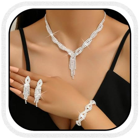 Fashband Silberne Braut-Halskette, Quaste, Ohrringe, Set, Brautschmuck, Hochzeit, Schmuck-Set, Strass, Abschlussball, Kostüm-Halsketten für Frauen, Einheitsgröße, Kunstperle, Kein edelstein
