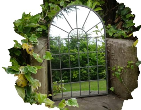 My Square Mile Arched Garden Mirror, 60cm/77cm, Rustic Metal Frame, Indoor/Outdoor Wall Mounted Panel, Distressed White (60CM X 36CM)