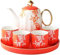 Vintage Keramik-Teeservice 6-teiliges Grüntee-Set mit Topftablett und Teetassen, dekoratives Küchenzubehör für Nachmittagstee-Partys (Orange)