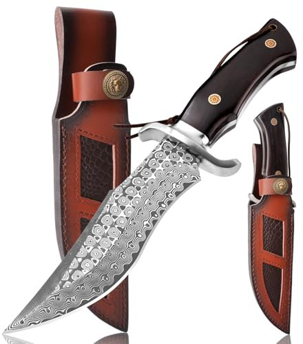 SPITZKANTE Jagdmesser P-S-DMSG, 16,3 cm VG10 Damaststahl, 67 Lagen, Full Tang Gürtelmesser mit Lederscheide und Holzgriff, Outdoor Messer für Camping, Bushcraft