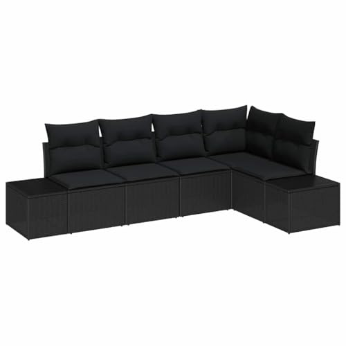 vidaXL Gartensofa-Set 5 pcs Schwarz Poly-Rattan, Garten und Terrasse, modernes modulares Outdoor-Sofa, wetterfestes Lounge-Set, UV-beständiger Sitzplatz, Sommerentspannung