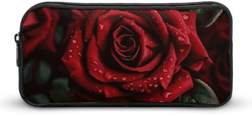 Red Rose Pencil Case - Large Aesthetic Makeup Bag Multi-Purpose Pencil Pouch Cute Cosmetic Bag with Zipper Closure for Office, Home, Study & Travel