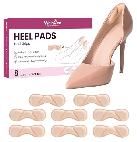 Heel Pads Grips for Women Shoes - Three Zone Style - Welnove Adhesive Heel Cushion Inserts Prevent Slipping, Rubbing, Blisters, Foot Pain, Improve Heels, Pumps, Shoe Fit for Shoes Too Big - Beige