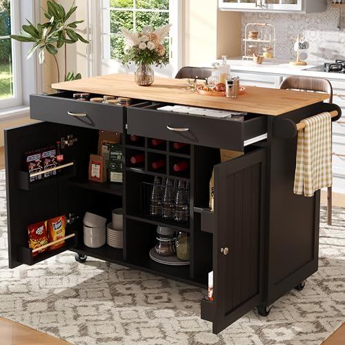 DACHETOU Kücheninsel 102×45×92cm Moderne Küchenschrank Buffetschrank Speisewagen mit Holzmaserung Multifunktionale Esstisch mit Speicherraum Schwarz