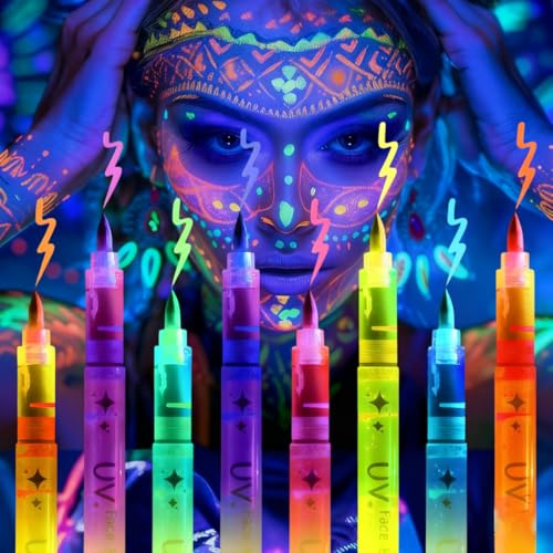 MOLZINY 8 Piezas lápices de colores corporales UV fluorescentes fluorescentes fluorescentes bajo luz negra lápices de maquillaje tatuajes para Halloween decoración de fiestas de neón