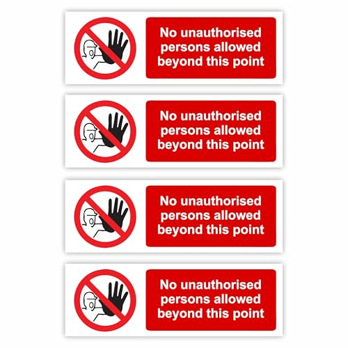 4-Pack No Unauthorised Persons Allowed Beyond This Point Signs Self-Adhesive / 5x15cm Each (Pack of 4) / Landscape Orientation Removable & Wipeable/Indoor or Outdoor Stickers/Gloss Finish /