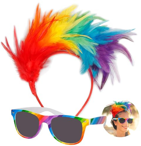 Amazleer Bunt Feder Stirnband Fascinator Stirnbänder, Regenbogen Sonnenbrille, Haarreif Karneval Feder Haarschmuck, Federstirnband für Damen, Fasching Cosplay Haarband Party