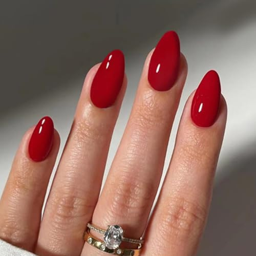24PCS Press on Nails Medium, Red Stiletto Fake Nails,Glossy Solid Color Elegant Long Sharp False Stick on Nails for Women Festive Xmas and Daily Look