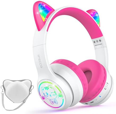 IFECCO Auriculares Bluetooth para Niños con Micrófono,Auriculares Niños Inalambricos con Estuche,Led Light Auriculares para Cumpleaños Viajes Escuela Regalos