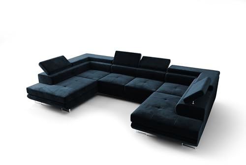 O-Sofa Wohnlandschaft Praga Design U, Eckcouch in U-Form mit Schlaffunktion, Farbe: Blau, Velourstoff, Ottomane Universal
