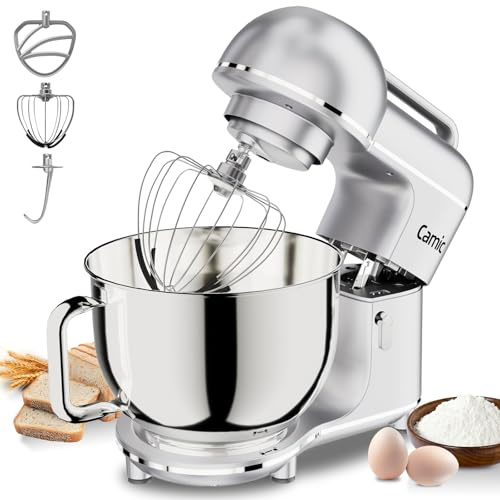 Camic Küchenmaschine - 2000W - Teigmaschine 10 Stufen mit Tragegriff, Edelstahl Rührschüssel (7L), Knetmaschine mit Rührhaken, Knethaken, Schlagbesen und Spritzschutz