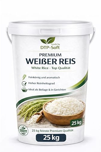 Weißer Reis 25kg im Eimer - Vorratspackung für Haushalt, Gastronomie und Großverbraucher - vielseitig für Beilagen, Reisgerichte, Bowls und asiatische Küche