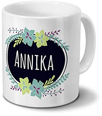 printplanet Tasse mit Namen Annika - Motiv Flowers - Namenstasse, Kaffeebecher, Mug, Becher, Kaffeetasse - Farbe Weiß