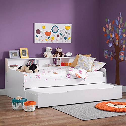 happybeds Wooden Guest Bed Daybed with Trundle, Grace White Wood Modern Day Bed Frame - 3ft Single (90 x 190 cm) with 2 x Memory Foam Mattresses Included