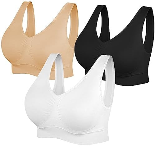 SIMIYA Super Comfort Bra, Womens Sports Bras Removable Pads Plus Size Sleep Bras for Girls in Yoga Bralette Leisure Stretch Crop Tops Vest (4XL, Black+White+Beige)