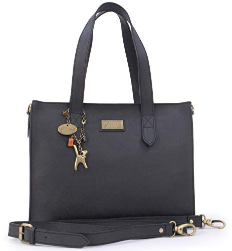 Catwalk Collection Handbags - Damen Shopper Tote Bag - Schultertasche Groß - Saffiano Leder - Abnehmbarer Schultergurt - KATHARINA - Schwarz