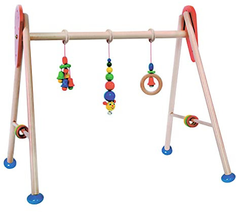 Hess Holzspielzeug 20026 - Spielgerät aus Holz, Serie Raupe, für Babys, handgefertigter Spiel-Bogen mit farbenfrohen Figuren und Rasseln, ca. 62 x 57 x 54,5 cm groß