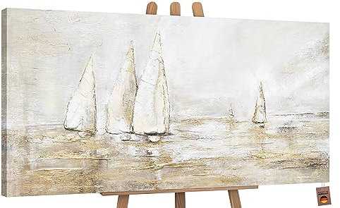 YS-Art Abstrakt Acryl Gemälde auf Leinwand Sonnenblendung handgemalt Wandbilder Wohnzimmer modern Wohndekor Bilder Büro Segelboote im Meer echte Kunst 140x70 cm