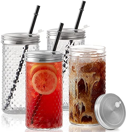 4Pack Glass Tumblers with Stainless Steel Lids and Straws, 24 OZ Wide Mouth Mason Jar Drinking Glasses for Iced Coffee/Tea, Juices and Cocktail, Travel Glass Bottles with Varitey of Patterns