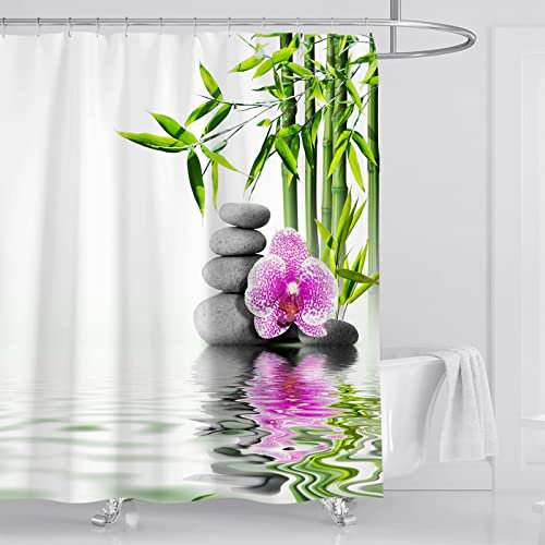 OCEUMACO Duschvorhang 180x200 Zen Shower Curtains Textil Antischimmel Wasserdicht 3D Orchidee Bambus Duschvorhänge Badewanne Stoff aus Polyester Waschbar Vorhang mit Ringe - Weiß Grün